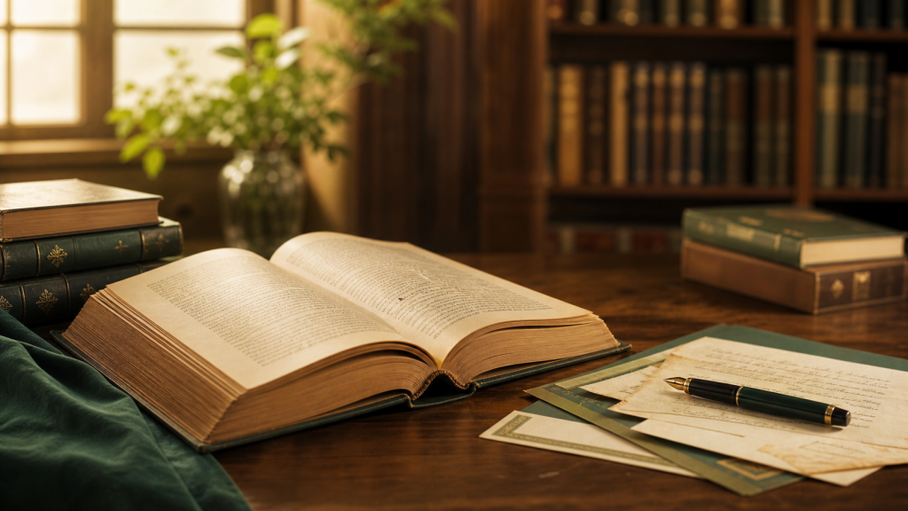 Livro aberto em uma mesa de estudo, simbolizando o estudo sério da Doutrina Espírita